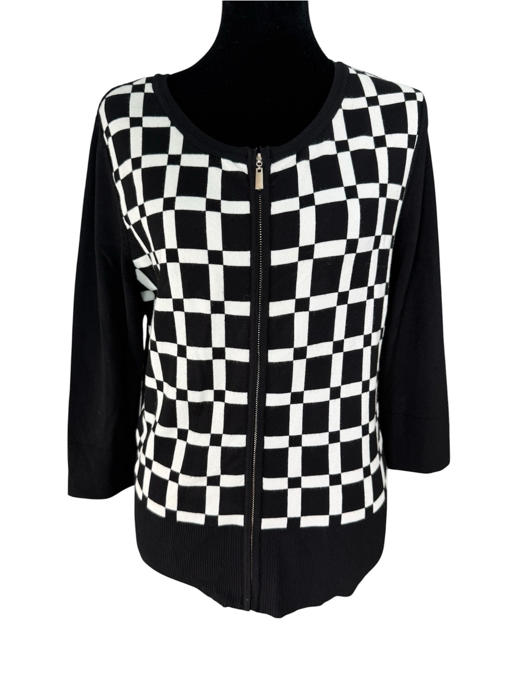 White House Black Market Black and White Checker Zip Cardigan. Medium Size.